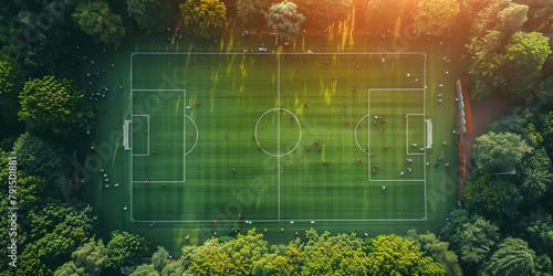 Aerial View of Soccer Field Surrounded by Trees.