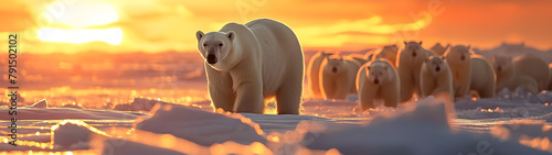 Polar bear family in the arctic region with setting sun shining. Group of wild animals in nature.
