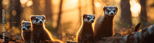 Polecat family in the forest with setting sun shining. Group of wild animals in nature. Horizontal, banner.