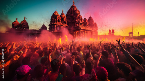 People celebrating Holi festival, Nandgaon,Uttar Pradesh,India - March 18,2016: People gathered to play Holi during Holi festival