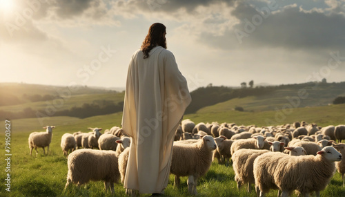 Shepherd Jesus Christ leading the sheep horde and guiding them (symbolical picture) 