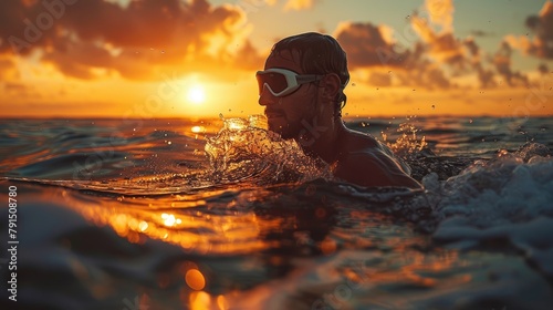A man swimming in the ocean at sunset.