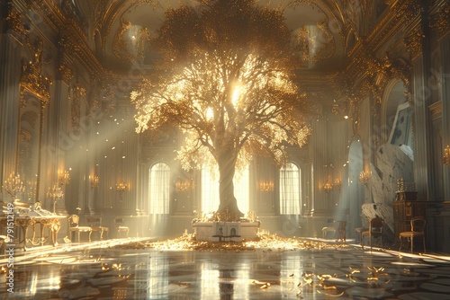 Ornate golden tree in a grand hall with a shiny reflective floor.