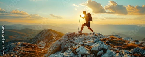 hiker conquering mountainous terrain, symbolizing exploration and the human spirit's endurance.
