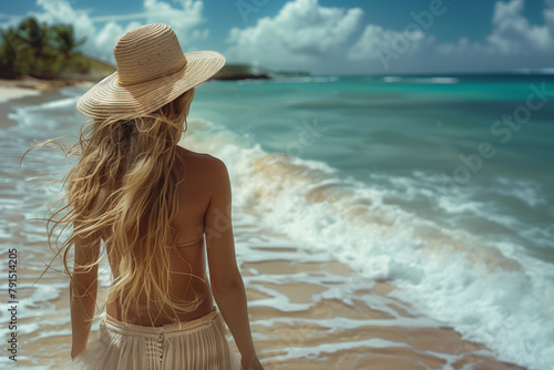 Donna al mare cammina in riva alla spiaggia con cappello di paglia