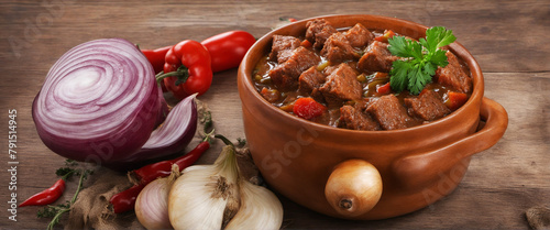classic beef goulash with peppers and onions, delicious meal