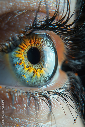 A macro image of the human eye of an unusual color with reflections. Vertically