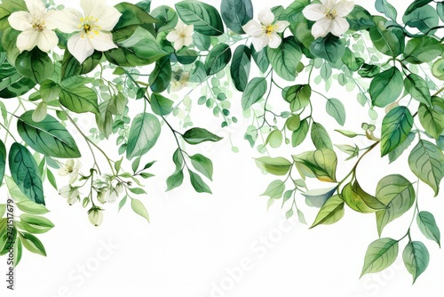 watercolor of jasmine clipart featuring delicate white flowers and green leaves. flowers frame,botanical border. ai generated