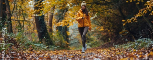 A joyful woman in a yellow jacket strolls through a forest with autumn colors, expressing contentment and leisure