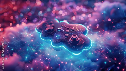 A glowing blue and pink video game controller in the clouds.