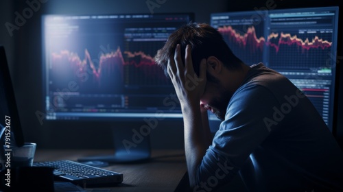 A wornout individual sitting in front of a computer screen, which displays a declining bank account balance, capturing the moment of despair when facing financial uncertainty