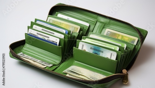 A wallet full of various denominations of crisp green bills, ready for a shopping trip, depicting money as an everyday essential for purchasing needs and wants