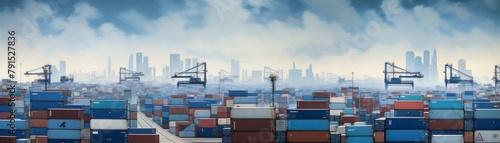 A panoramic view of a bustling international port, containers painted in various shades of deep blue, representing the vastness and complexity of global trade networks