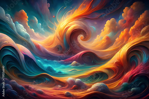 Abstract painting of colorful waves. Vibrant digital painting.