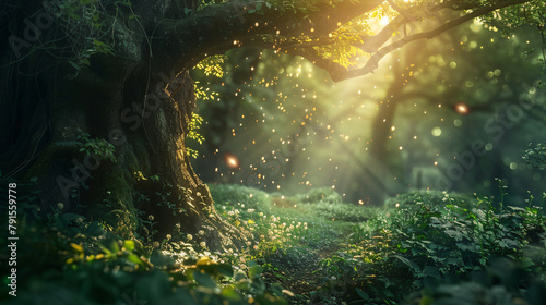 Magical fantasy world in green mysterious forest.