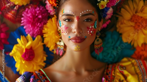  A captivating HD capture of a woman in a vibrant Mexican dress, with flowers adorning her hair and floral patterns painted on her face, celebrating the joyous occasion of Cinco de Mayo. 