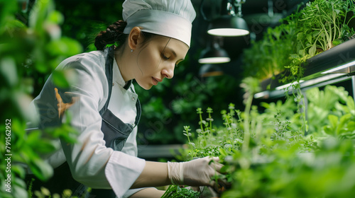 Chef carefully selecting herbs in a greenhouse.