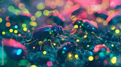 Neon colored cyberpunk insects crawling on a light-up surface AI generated illustration
