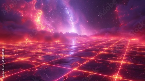 Neon grids pulsating against a backdrop of deep space nebulae