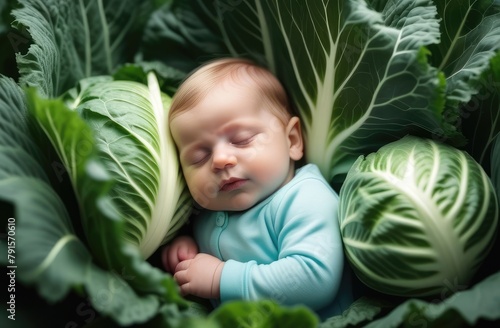 newborn baby boy sleeping on ground surrounded by vegetables. caucasian toddler in cabbage