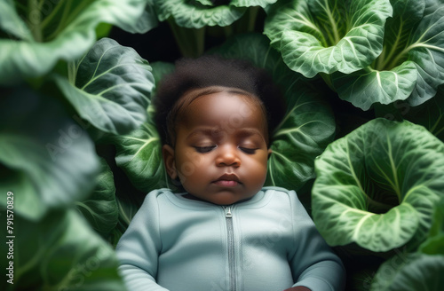 black toddler girl in cabbage. new born baby sleeping at garden on ground surrounded by vegetables.