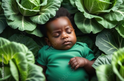 black toddler boy in cabbage. new born baby sleeping at garden on ground surrounded by vegetables