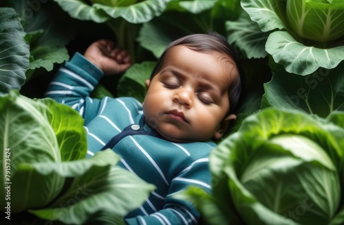 indian toddler boy in cabbage. new born baby sleeping at garden on ground surrounded by vegetables