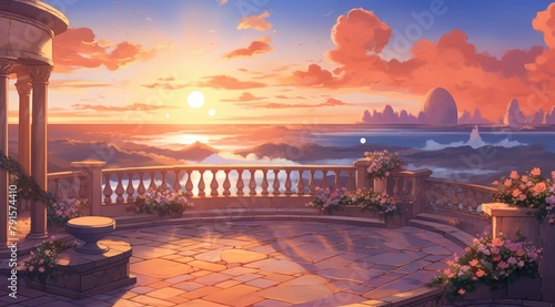  Enchanted sky garden terrace under a golden sunset, serene and tranquil