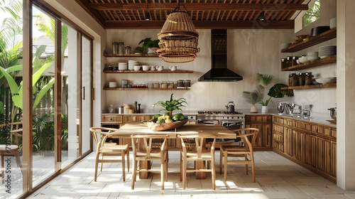 Kitchen interior with wooden shelves dining table and rattan chairs