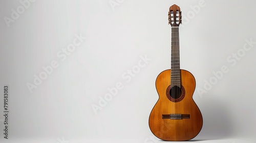A traditional acoustic guitar stands tall against a pure white canvas, embodying the timeless beauty of acoustic music.