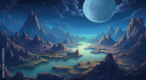 Surreal lunar landscape with craters and mountains under night sky