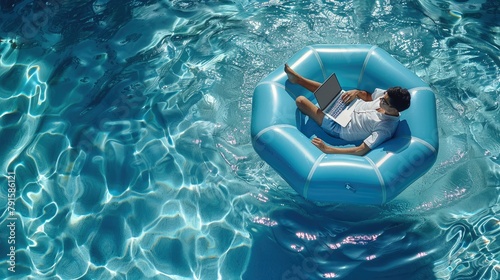 A man works with a laptop on an inflatable blue raft in the form of a hexagon on the surface of the pool. top view. Generative AI.