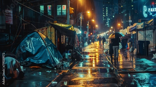 Makeshift camp of homeless people on city streets, rainy night