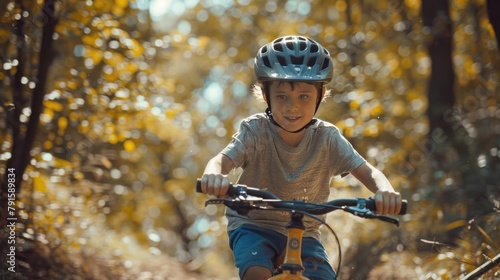 A determined young boy riding his bicycle through a forest trail, navigating twists and turns with skill and confidence