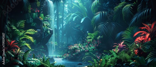 A photo of a waterfall in a jungle with green plants and flowers.
