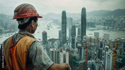 Asian construction worker leading team in time-lapse high-rise building construction