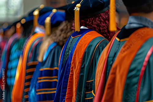 Side view close up of university graduates academic attire. Back Details Graduation gowns, caps tassel. Gradutaion day. Crowd of graduates