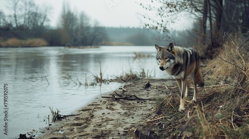 Wild Wolf Trotting Along the Weser River