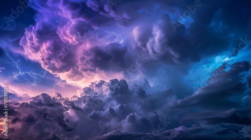 A dramatic and dark sky filled with blue clouds sets the stage for a thunderstorm, complete with rain and lightning
