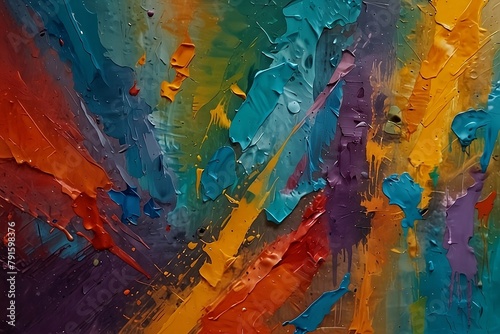 Closeup of abstract rough colorful hand art painting texture, with oil brushstroke, pallet knife paint on canvas, with green ,blue, yellow, purple colors.