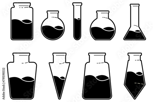 Vector drawing of glass tubes, flasks for chemical experiments Glass flask for alchemy, magic drinks. A set of flasks fantasy for the design of magical rituals The color of the glass and liquid change