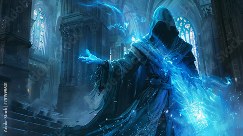 Mystical ancient wizard conjuring blue magical energy