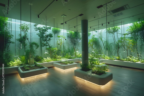 Modern Vertical farming facility, hydroponics aquaponics sustainable organic farming concept