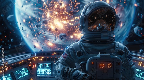 A male sci-fi space explore, wearing high-tech sci-fi space suit with full face helmet, standing on the command deck of a space ship, ship controls window view of a planet, nebula. Generative AI.