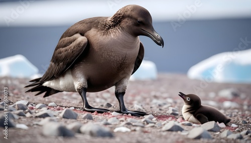 A Brown skua kills and eats an Adelie penguin chick in Antarctica