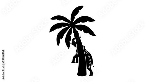 Self-deception emblem, elephant combing behind a tree, black isolated silhouette