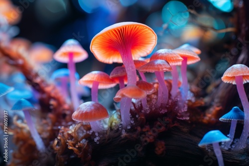 Cluster of vibrant red mushrooms growing on forest floor. Concept: woodland, fungi, natural habitat. soft focus,defocus