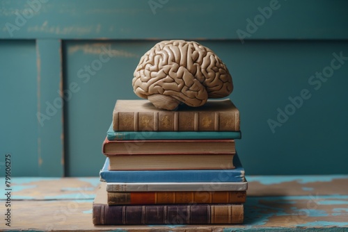 Vintage wooden table with a stack of old textbooks on neuroscience and psychology for academic study and research in cognitive science and mental health