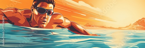 Swimmer in action, sunset seascape illustration, banner with space for text