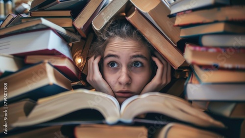 Overwhelmed by a mountain of books, a young girl’s wide-eyed expression perfectly captures the stress and intensity of academic study and the pursuit of knowledge.